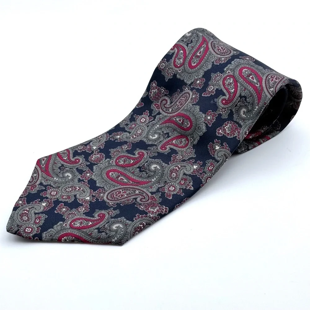 Cromley & Finch London Handmade All Silk Paisley Tie Navy‎ Blue Burgundy 4 Inch